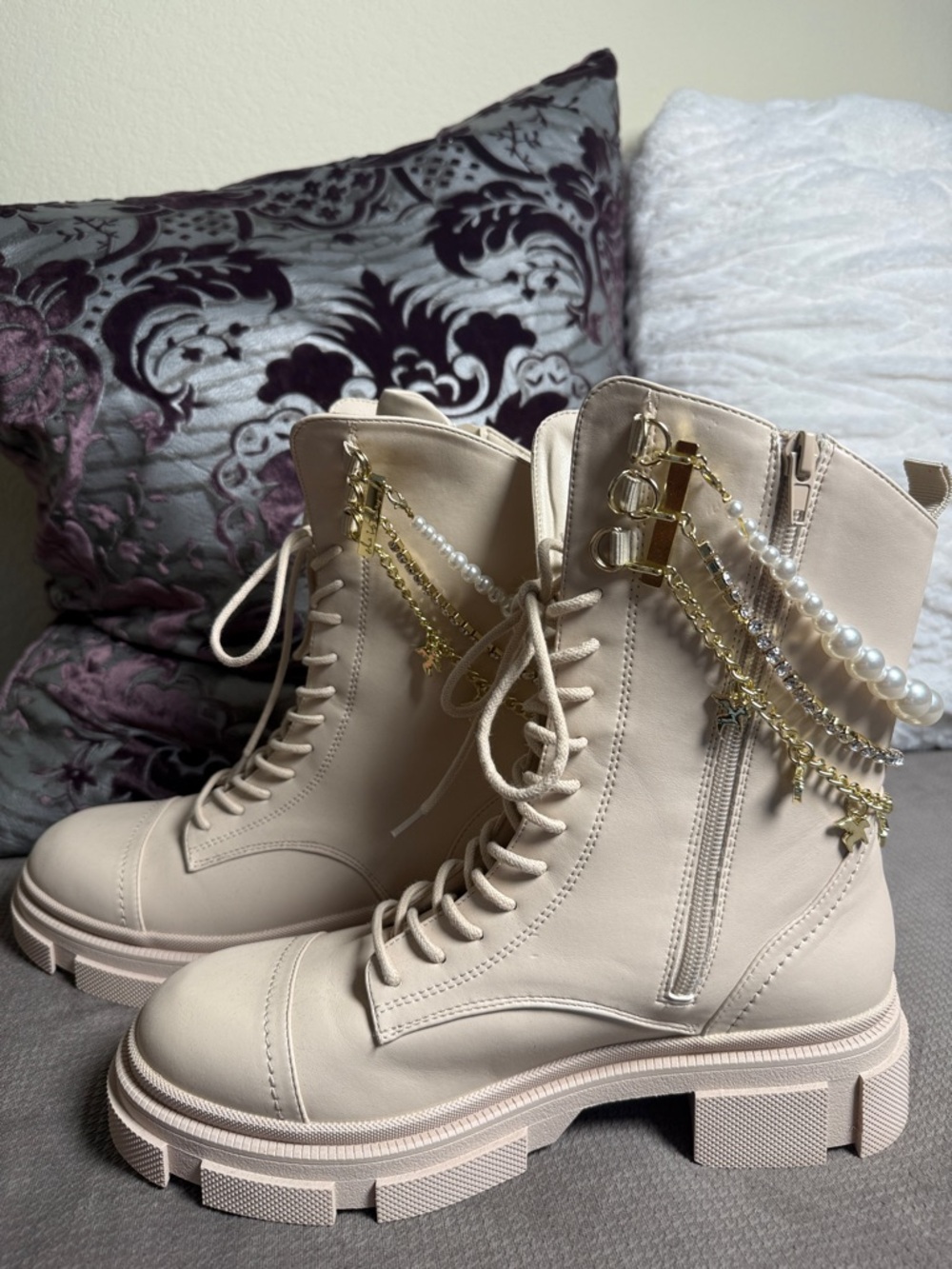 Beige Lace-Up Platform Combat Boots with Pearl & Gold Chain Detail - Picture 9 of 11
